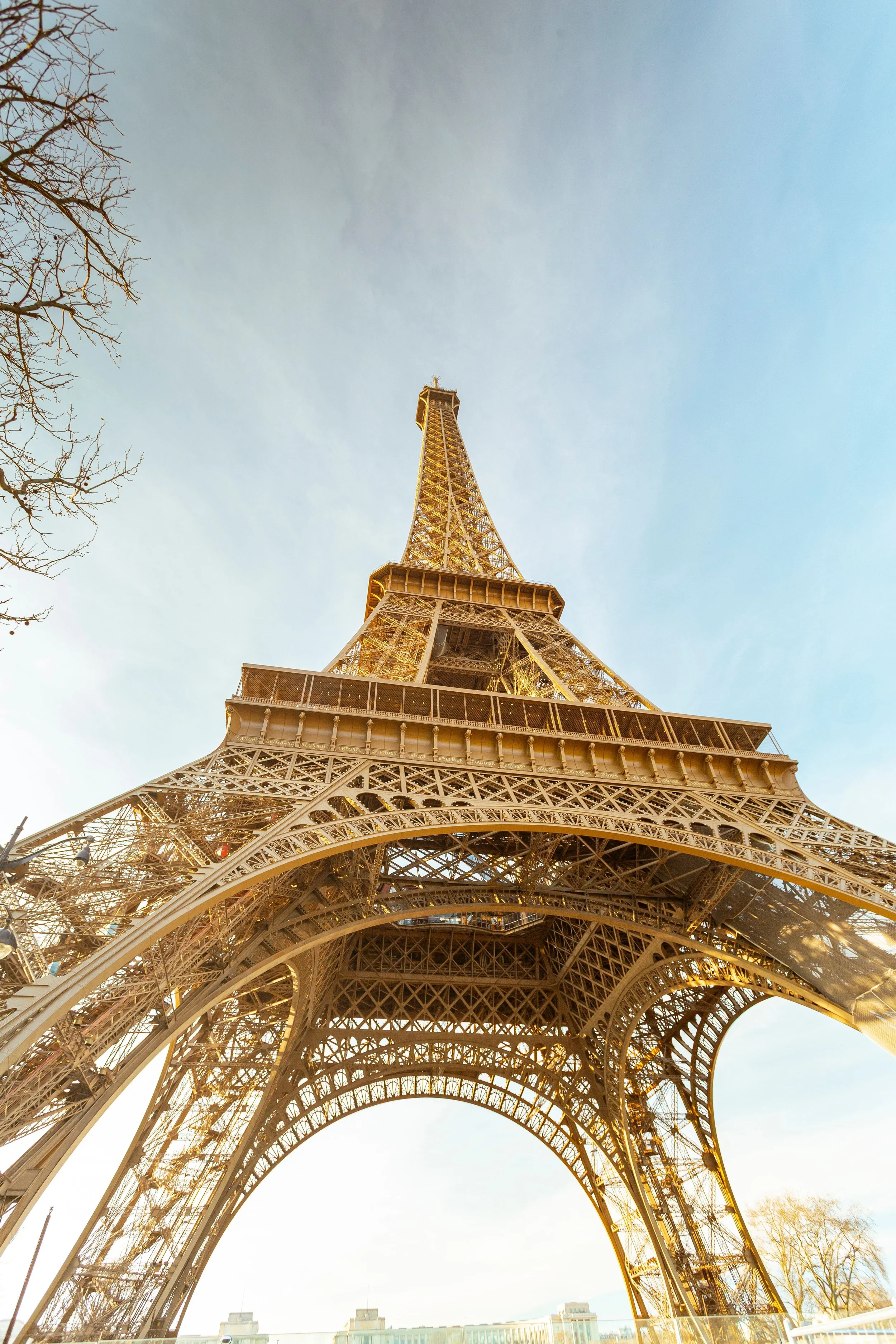 The Eiffel Tower from below, showing the intricate iron lattice structure and the sky above, with some trees visible at the bottom edges of the image.