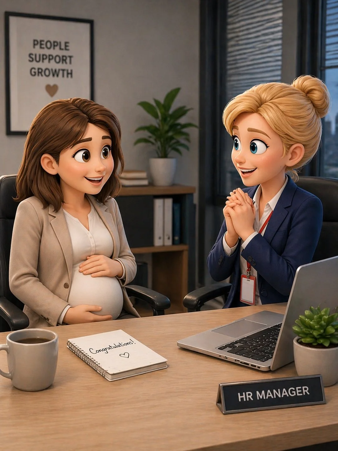 A cartoon-style animated scene with an HR manager, a pregnant woman, and congratulatory notes, set in an office.