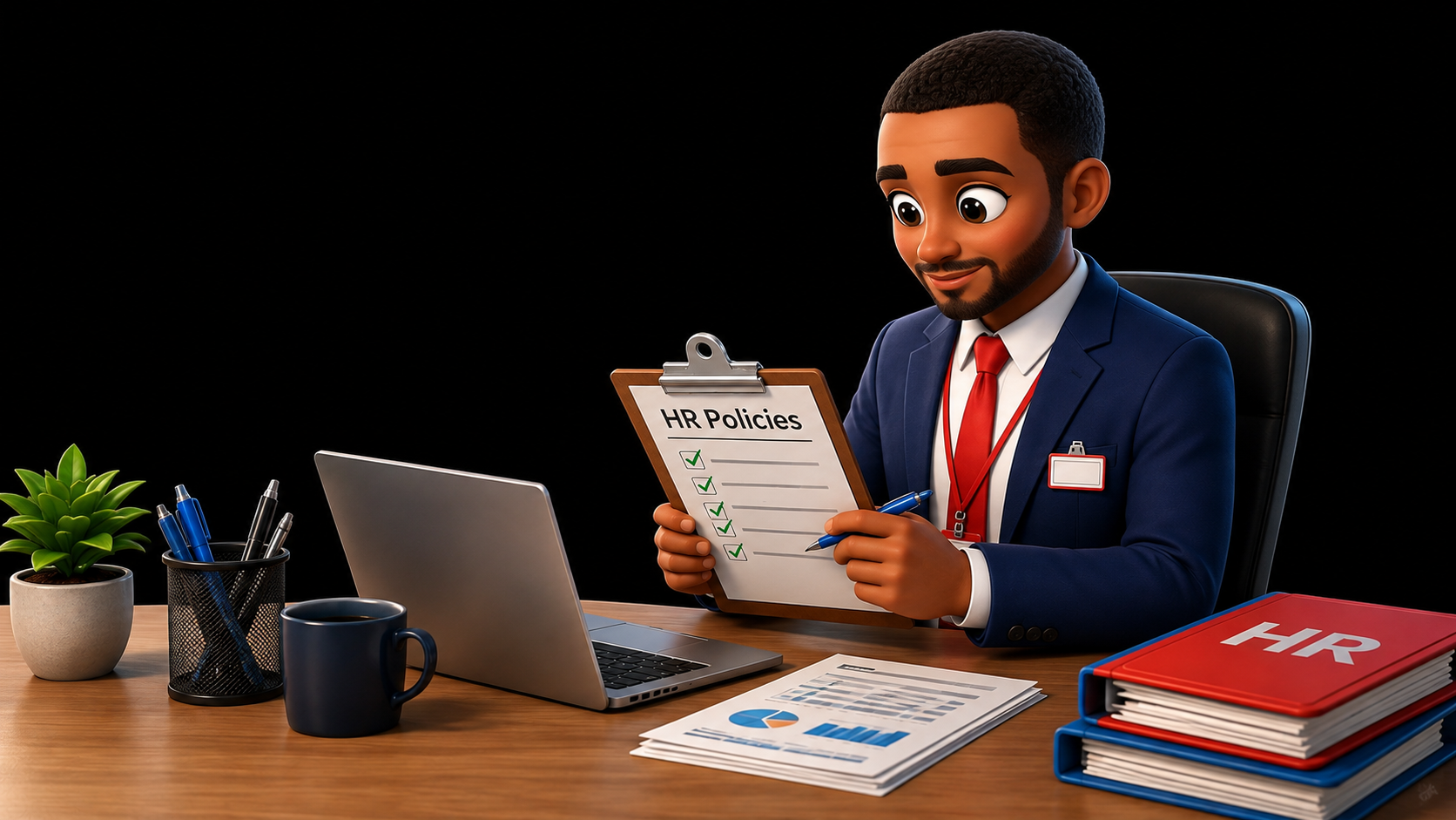 Animated man in a business suit reviewing HR policies on clipboard at his desk, with HR files, a laptop, papers, a mug, pen holder, and potted plant on the desk.