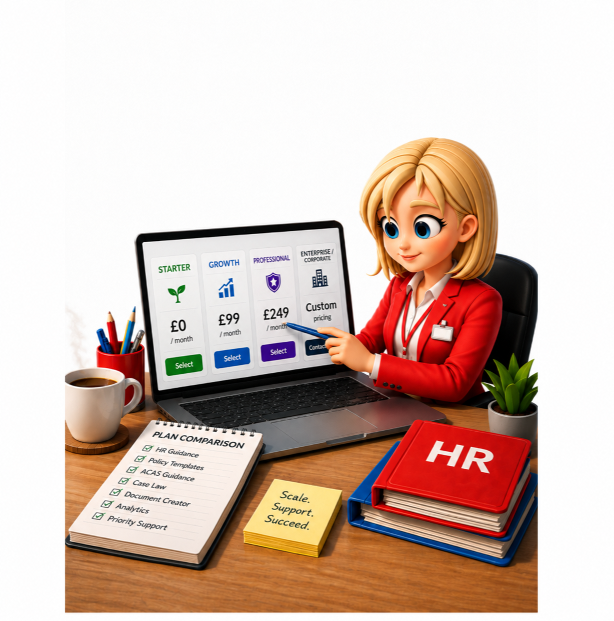 Animated woman in business attire sitting at a desk, pointing at a computer screen displaying different subscription plans for a service, with a coffee mug, pens, a plant, a HR binder, and notepads on the desk.