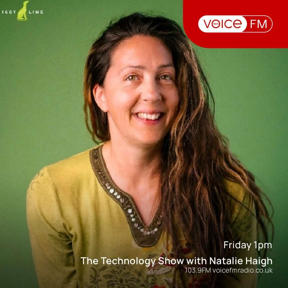 Promotional image for The Technology Show with Natalie Haigh, broadcast on Voice FM on Friday at 1 pm. Features a woman with long, wavy brown hair smiling against a green background. The logos for Ig g y Lime and Voice FM are visible in the top corners.