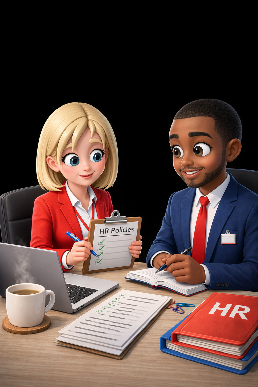 Animated characters of a woman and man sitting at a desk, discussing HR policies. The woman holds a clipboard with checked boxes, and the man is writing in a notebook. The desk has a laptop, coffee mug, and HR binders.