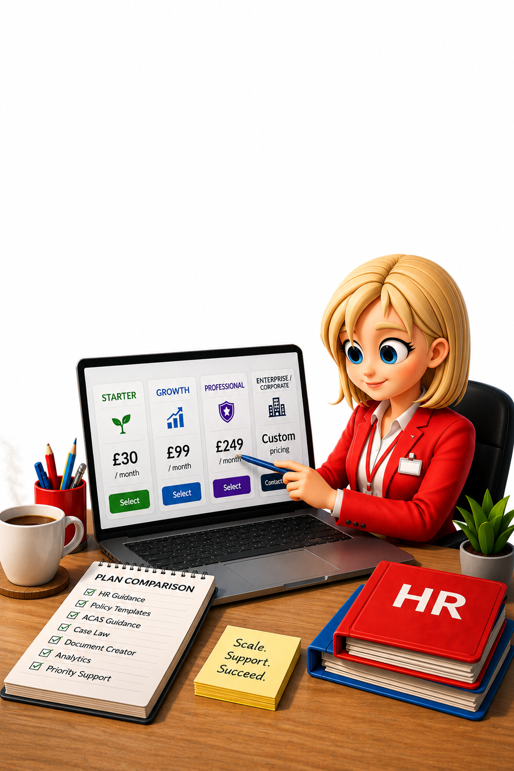 Animated woman in red blazer pointing at a laptop screen displaying different subscription plans, surrounded by HR materials, a cup of coffee, and office supplies on a desk.