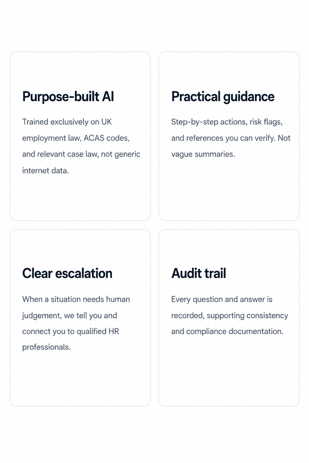 A digital information page divided into four sections with headings: 1. Purpose-built AI, 2. Practical guidance, 3. Clear escalation, 4. Audit trail. Each section contains a brief description in smaller text.
