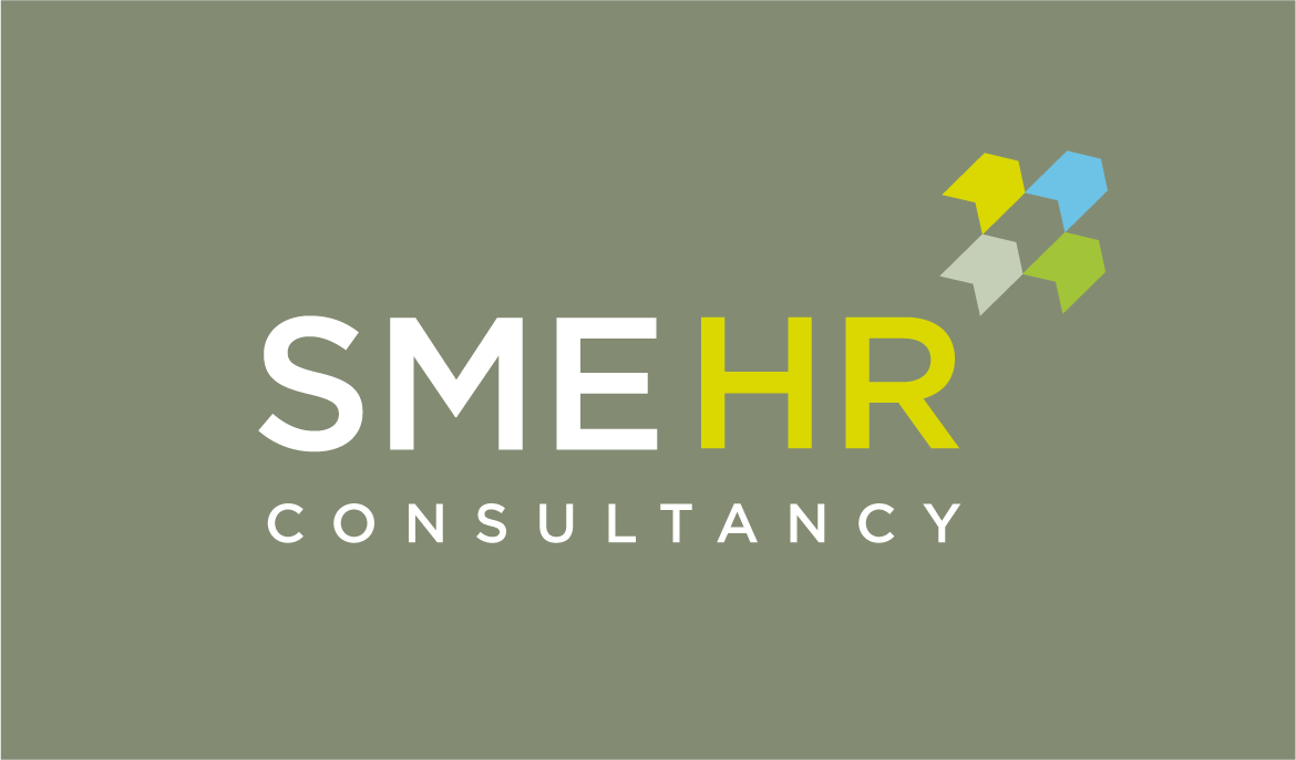 Logo for SME HR Consultancy with colorful abstract shapes above the text on a muted green background.