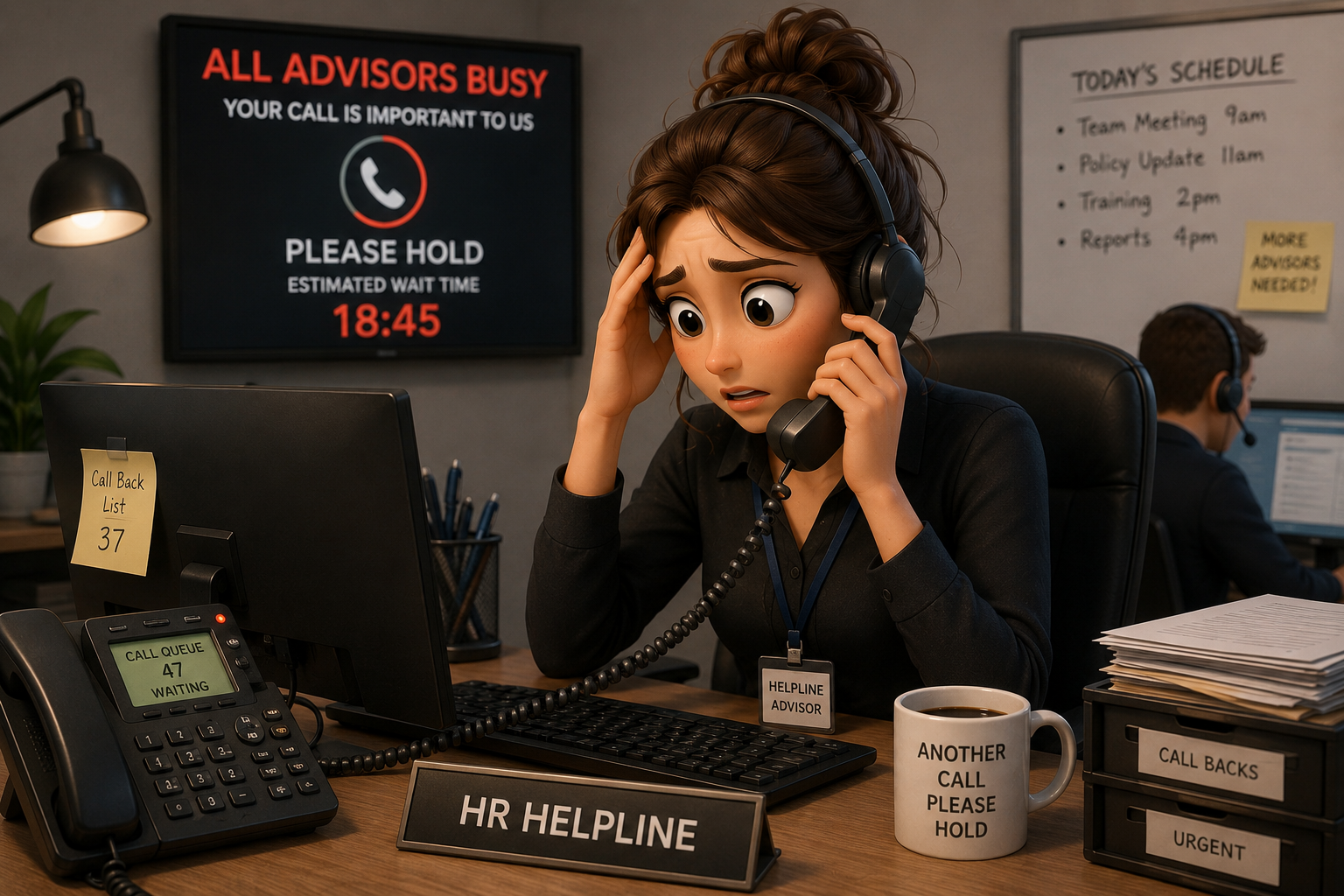 A stressed woman wearing a headset works at her HR helpline station, with a monitor, phone, and notes on her desk. In the background, a screen displays 'All Advisors Busy' with an estimated wait time of 18:45. Another person also wearing a headset works at a computer.