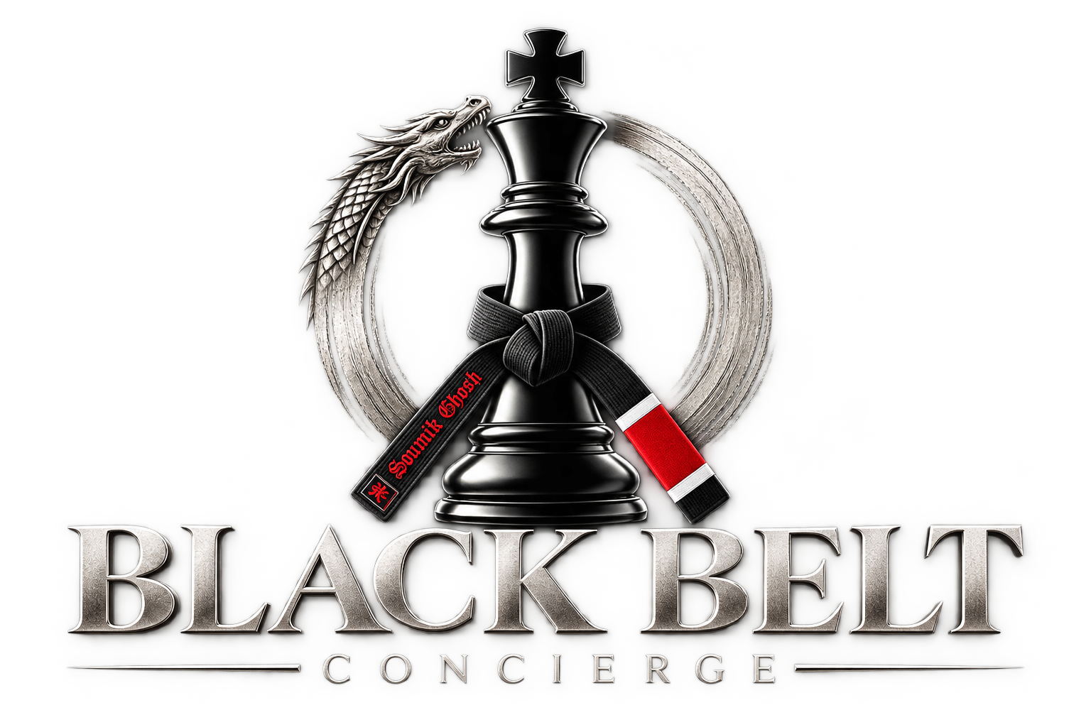 A logo with a black chess king, a silver dragon, and a black martial arts belt with red and white accents, with the words "Black Belt Concierge" below.