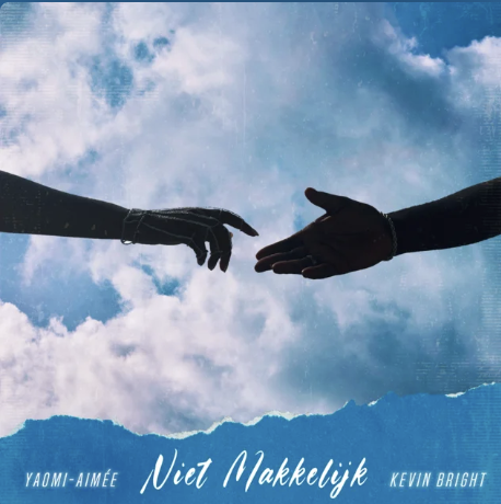 Two hands reaching towards each other against a cloudy sky, with text indicating names and a title.