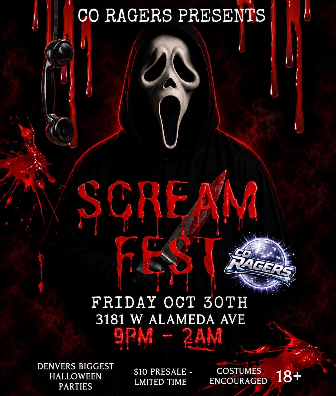 📞 DENVER&hellip; WHAT&rsquo;S YOUR FAVORITE SCARY MOVIE? 🔪🩸

This Halloween weekend, the phone is ringing&mdash;and you better answer. CO RAGERS presents SCREAM FEST, one of Denver&rsquo;s biggest Halloween parties! Expect a night packed with terr
