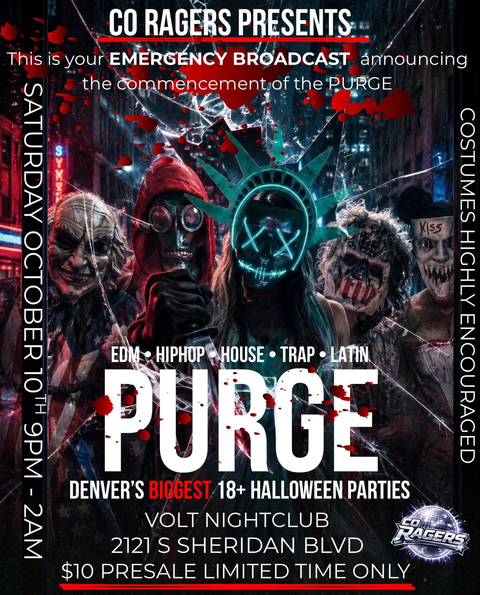 🚨 THIS IS YOUR EMERGENCY BROADCAST 🚨

The annual PURGE has officially been authorized and once the sirens sound, there are no rules&hellip; only RAGE. 

On Saturday, October 10th, CO RAGERS takes over Volt Nightclub a second time for one of Denver&