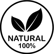 Natural 100% logo with two leaves inside a circle illustrating Corsika all-natural flavours contained in our drinks