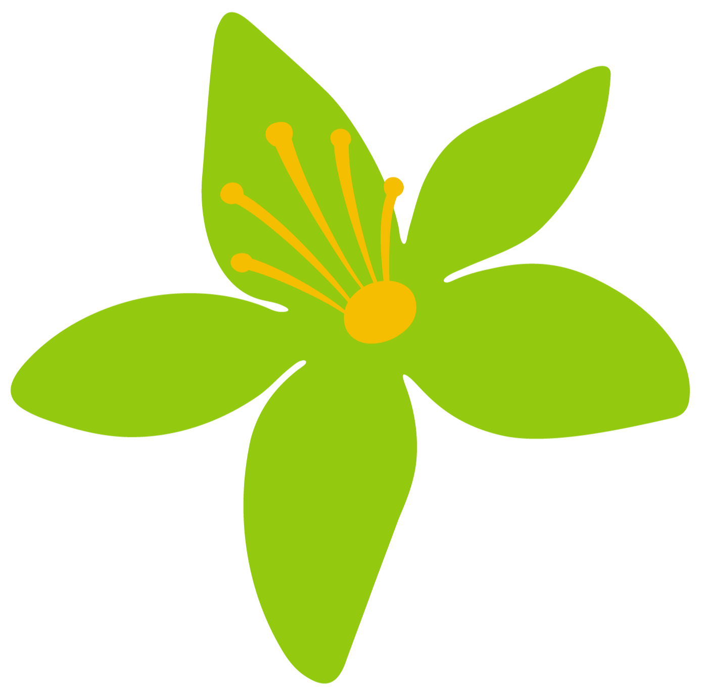A digital illustration of Corsika orange blossom green flower with five petals and yellow stamens in the centre.