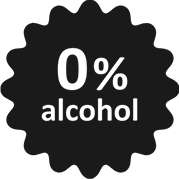 Black badge with scalloped edges reading '0% alcohol'