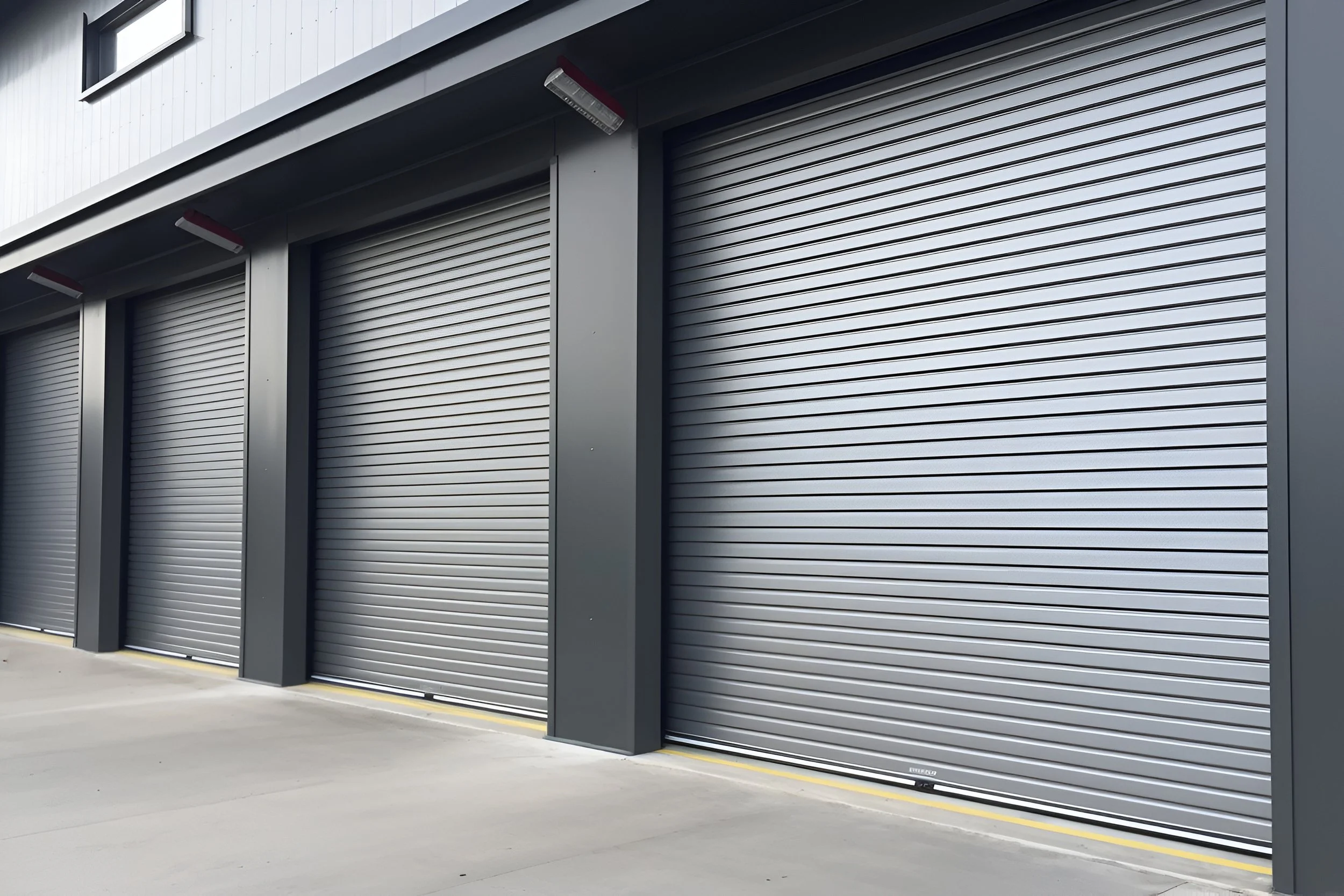 Industrial warehouse with several metal roll-up doors, gray exterior, and a concrete driveway.