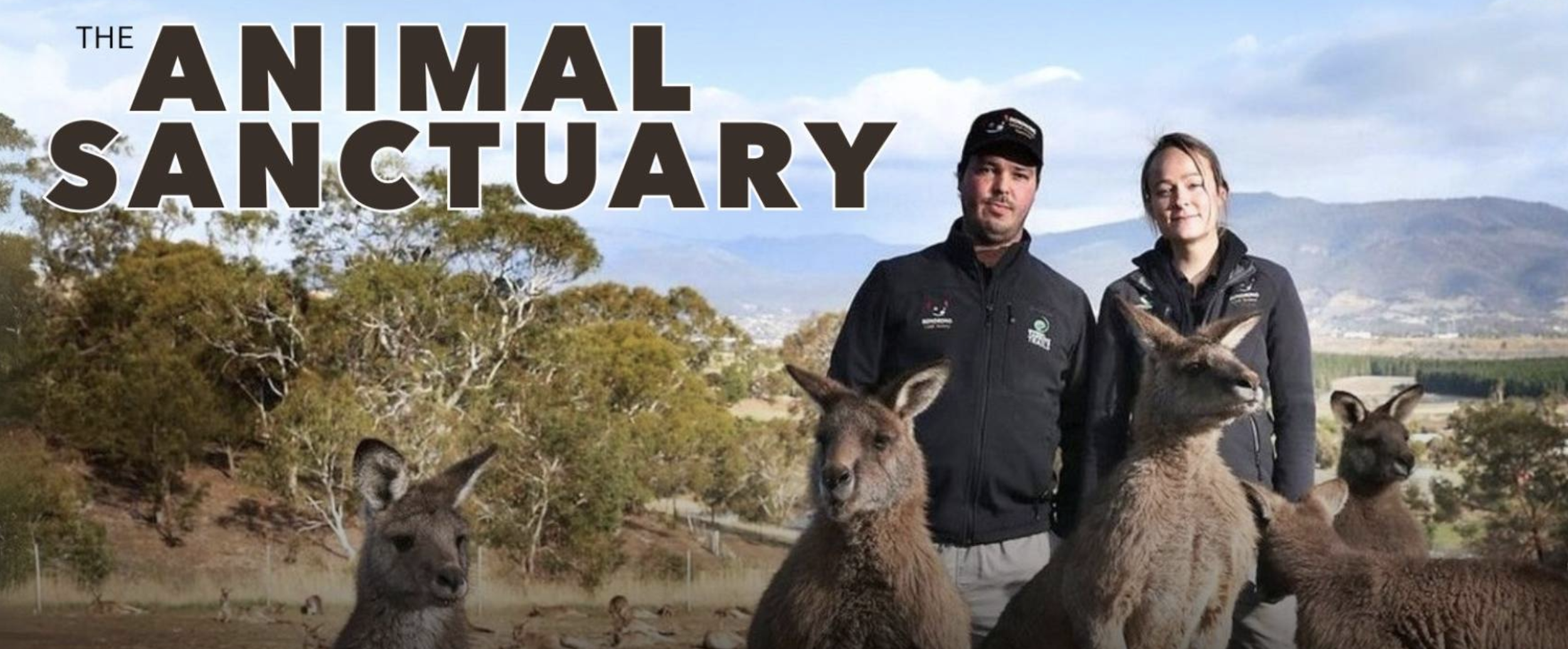 Greg Irons and Melissa Irons standing with kangaroos outdoors with trees and mountains in background, text overlay reading 'The Animal Sanctuary'.