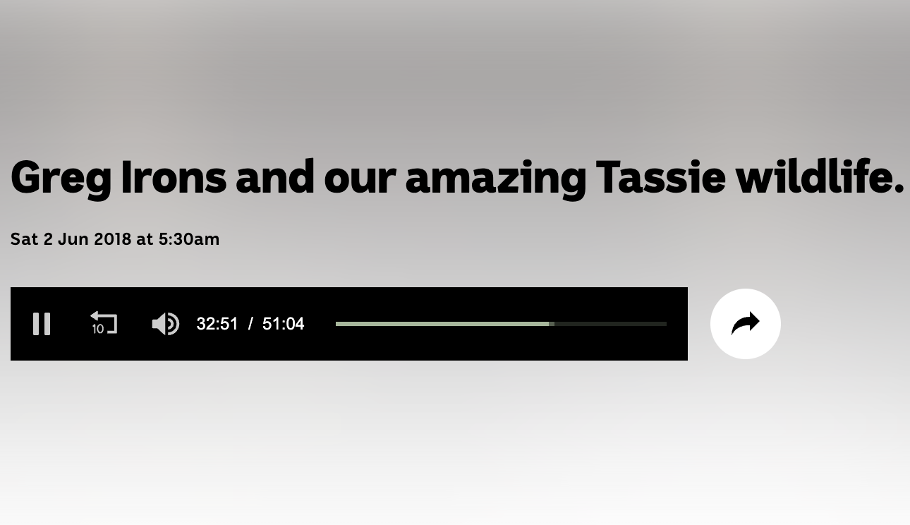 Presentation slide titled 'Greg Irons and our amazing Tassie wildlife,' with a date and time, and a media player bar.