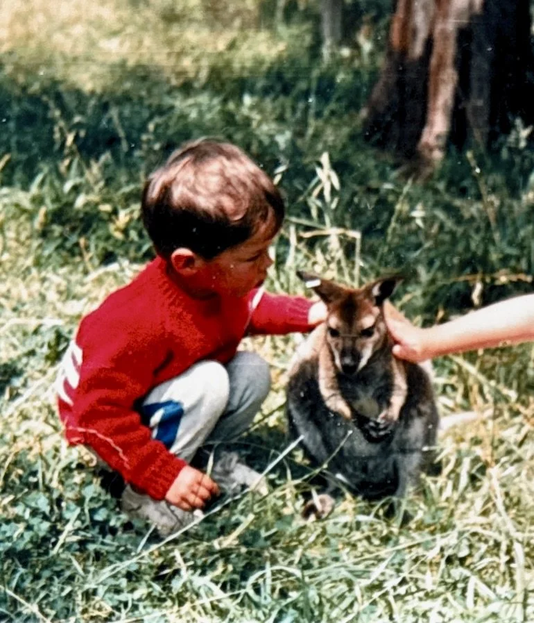 Greg Irons as a young child, outdoors on grass, touching a small wallaby with a light tan face and chest.  The background shows grass and a tree trunk.