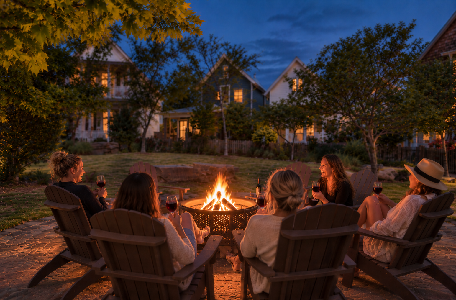 Fire pit for girls night with wine around the fire for relaxing at Pink Firefly Cottage Lake Eufaula vacation rental Carlton Landing