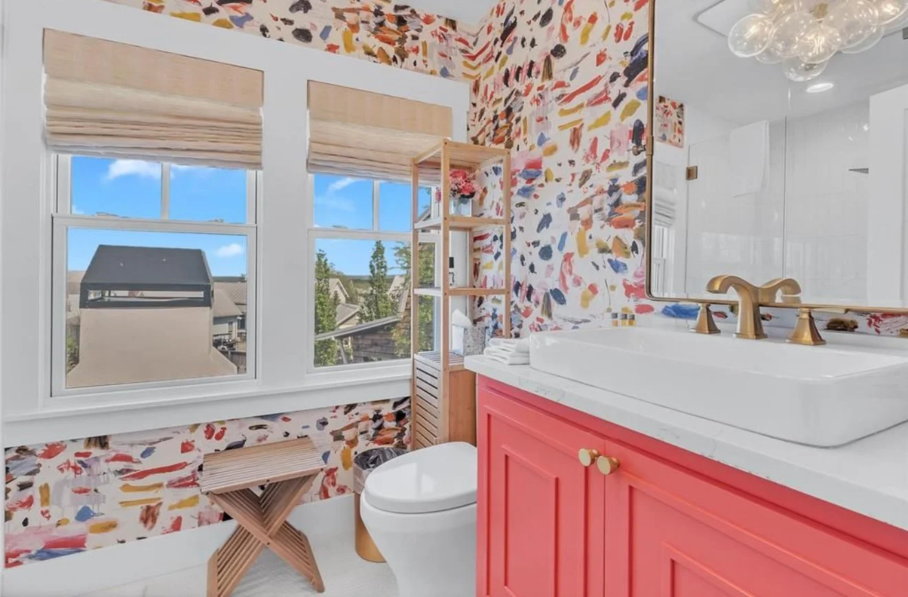Colorful designer bathroom for guest at Pink Firefly Cottage Lake Eufaula vacation rental Carlton Landing