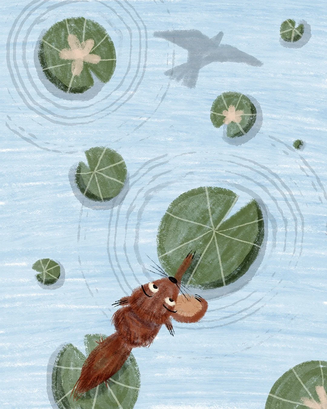 Squirrel character skipping on lilypads while being chased by a bird