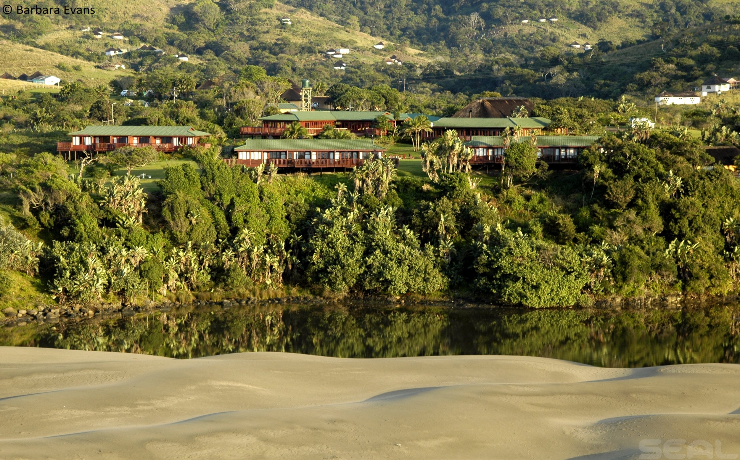 A hillside with green trees and houses, with several buildings that have green roofs and wooden structures, overlooking a body of water with sandy shores in the foreground.