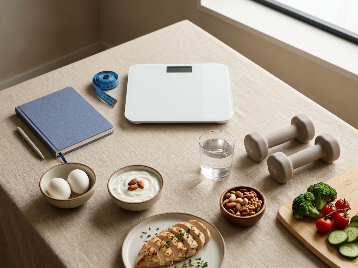 A table with a digital scale, a blue measuring tape, a blue notebook with a pen, two bowls of eggs and yogurt with almonds, a plate of sliced cooked chicken, a glass of water, a pair of dumbbells, a bowl of mixed nuts, and a cutting board with broccoli, cherry tomatoes, and cucumber slices.