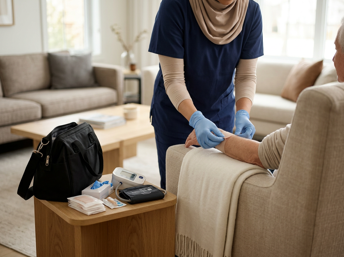 A healthcare worker wearing blue scrubs, beige sleeves, and blue gloves taking a blood pressure reading from an elderly woman who is seated in a beige armchair.