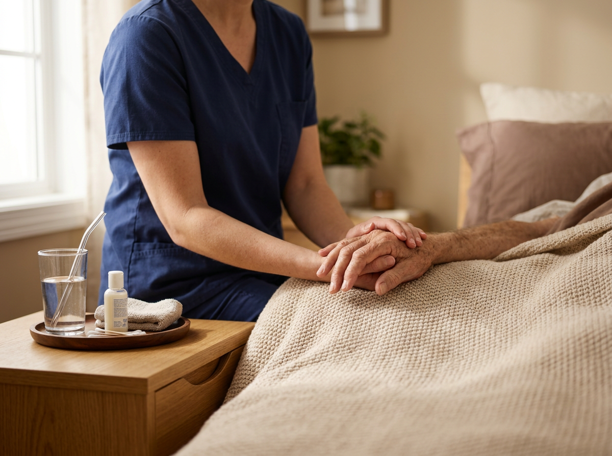 A nurse or caregiver in navy scrubs holding an elderly person's hand in bed.
