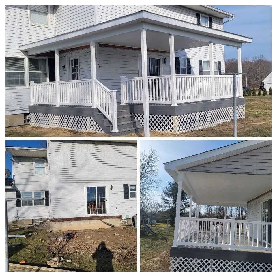Three photos of a white house with a backyard deck. The top photo shows the deck with white railing, steps, and lattice skirting, attached to the house with a covered porch. The bottom left photo shows the back of the house with some construction work underway, including exposed foundation and disturbed yard. The bottom right photo shows a close-up of the deck's lattice skirting and part of the house's covered porch with a view of the backyard.