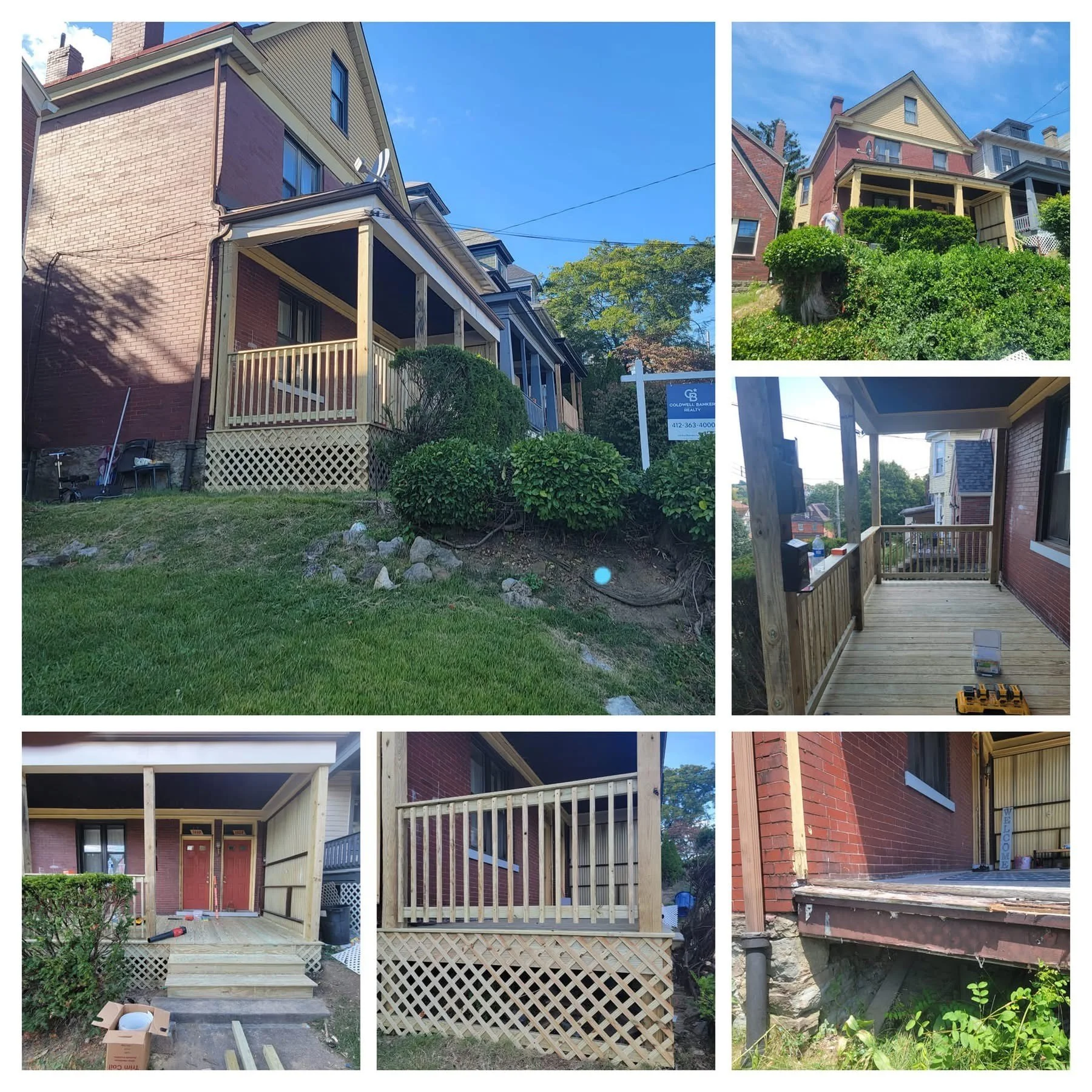Sequence of photos showing the process of building a wooden porch or deck on the back of a brick house, including assembling the frame, installing railings, and finishing touches.