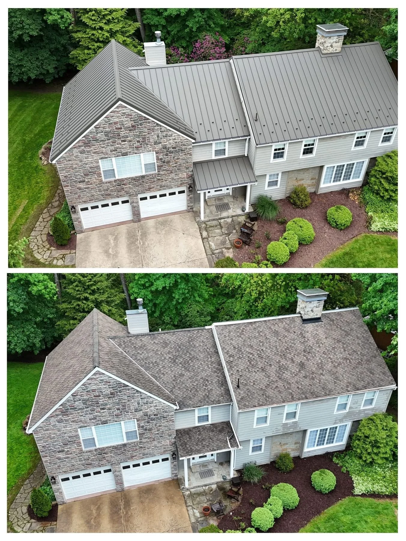 A house with different roofing materials; the front section has a metal roof, while the back section has a shingle roof, surrounded by green trees and landscaped yard.