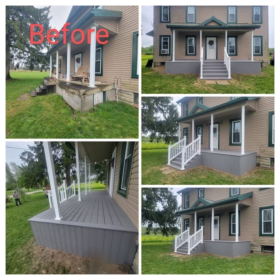 Comparison of a house porch before and after renovation. The top left shows the old porch with a concrete foundation and simple steps. The other photos show the renovated porch with a new wooden deck, white railings, and painted support pillars, transforming the house's exterior.
