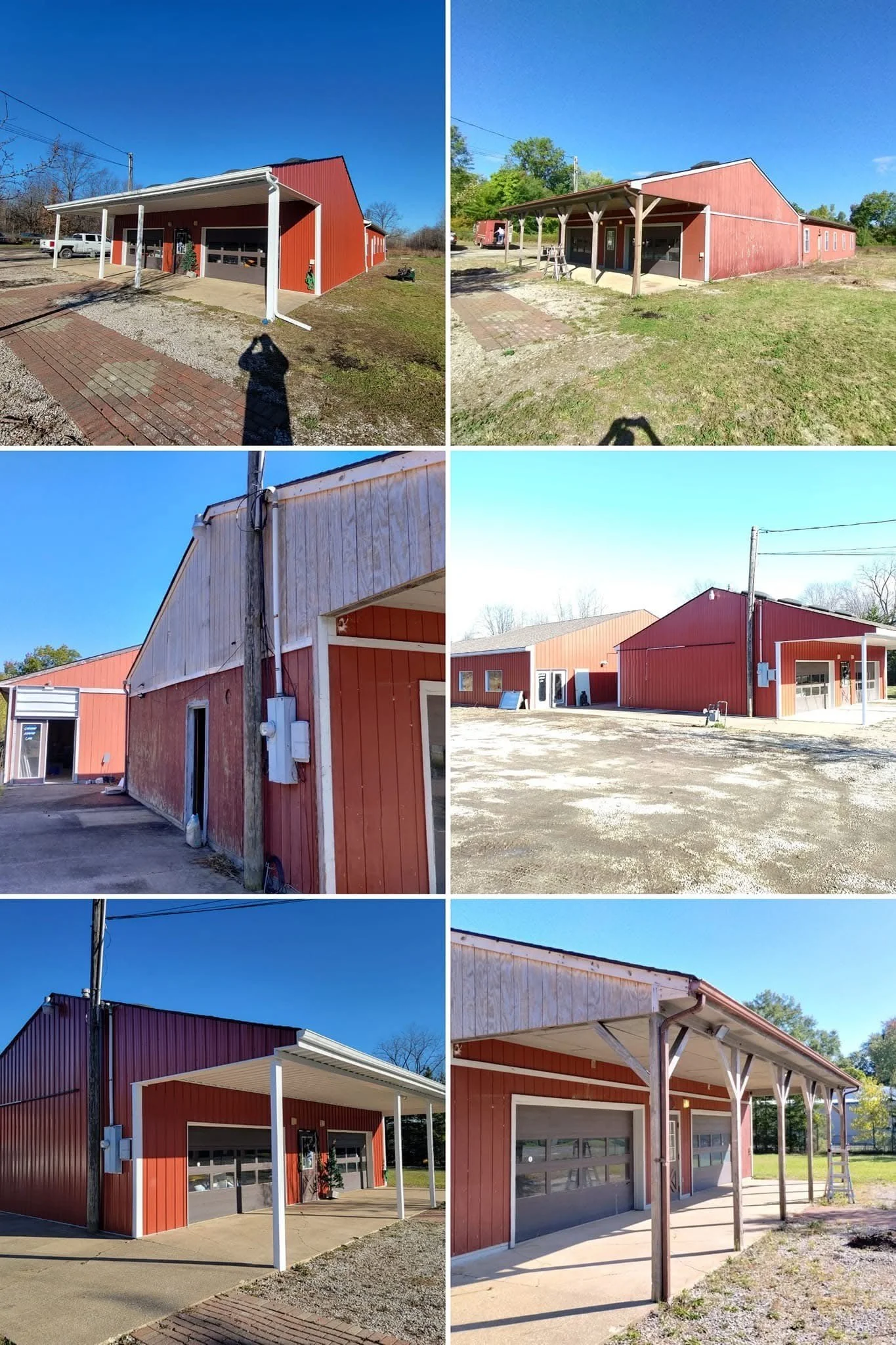 A collage of eight images showing the exterior of a red barn-style building under different angles and conditions. The building features a garage door, a covered porch area with support beams, and various details like electrical boxes and dirt or concrete ground. Some images include blue sky and surrounding trees.