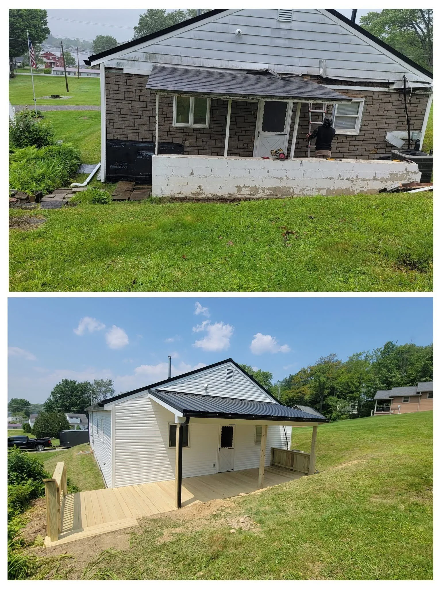 Progress of a home renovation showing the before and after images of a house's exterior wall and deck area, with a person working on the house in the before image and a newly completed porch in the after image.