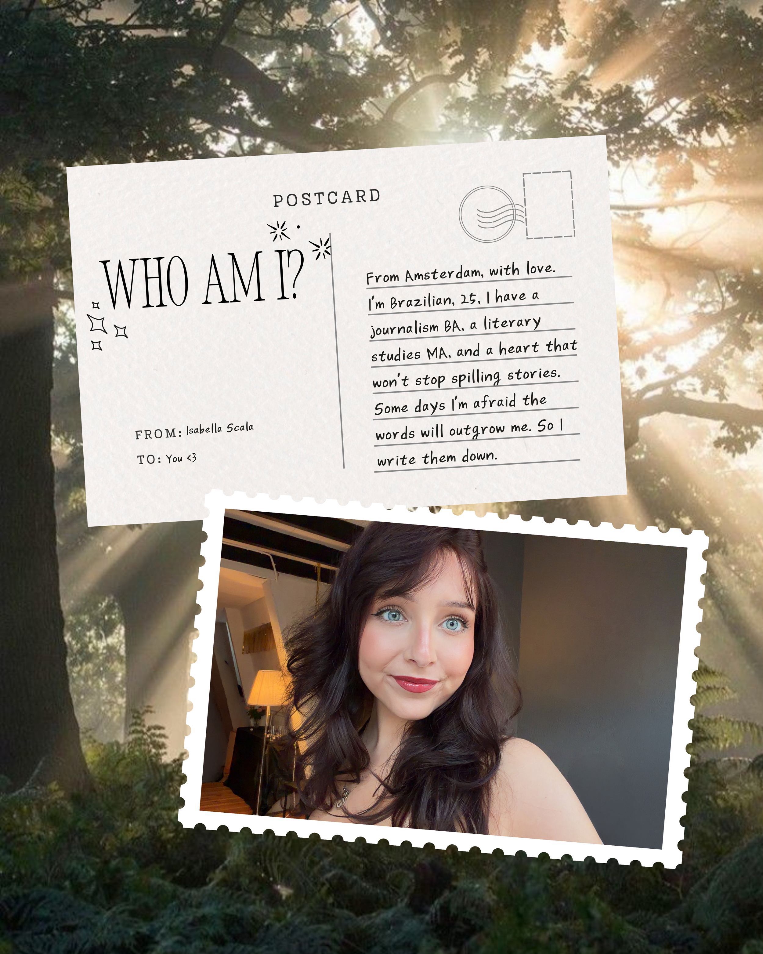 A postcard featuring a woman with long dark hair, blue eyes, and a slight smile, with sunlight streaming in behind her, placed outdoors against a tree background.