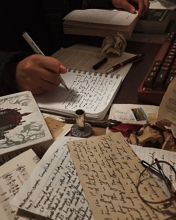 A cluttered desk with handwritten notes, books, a fountain pen, glasses, and crumpled paper, with a person writing in a spiral notebook.