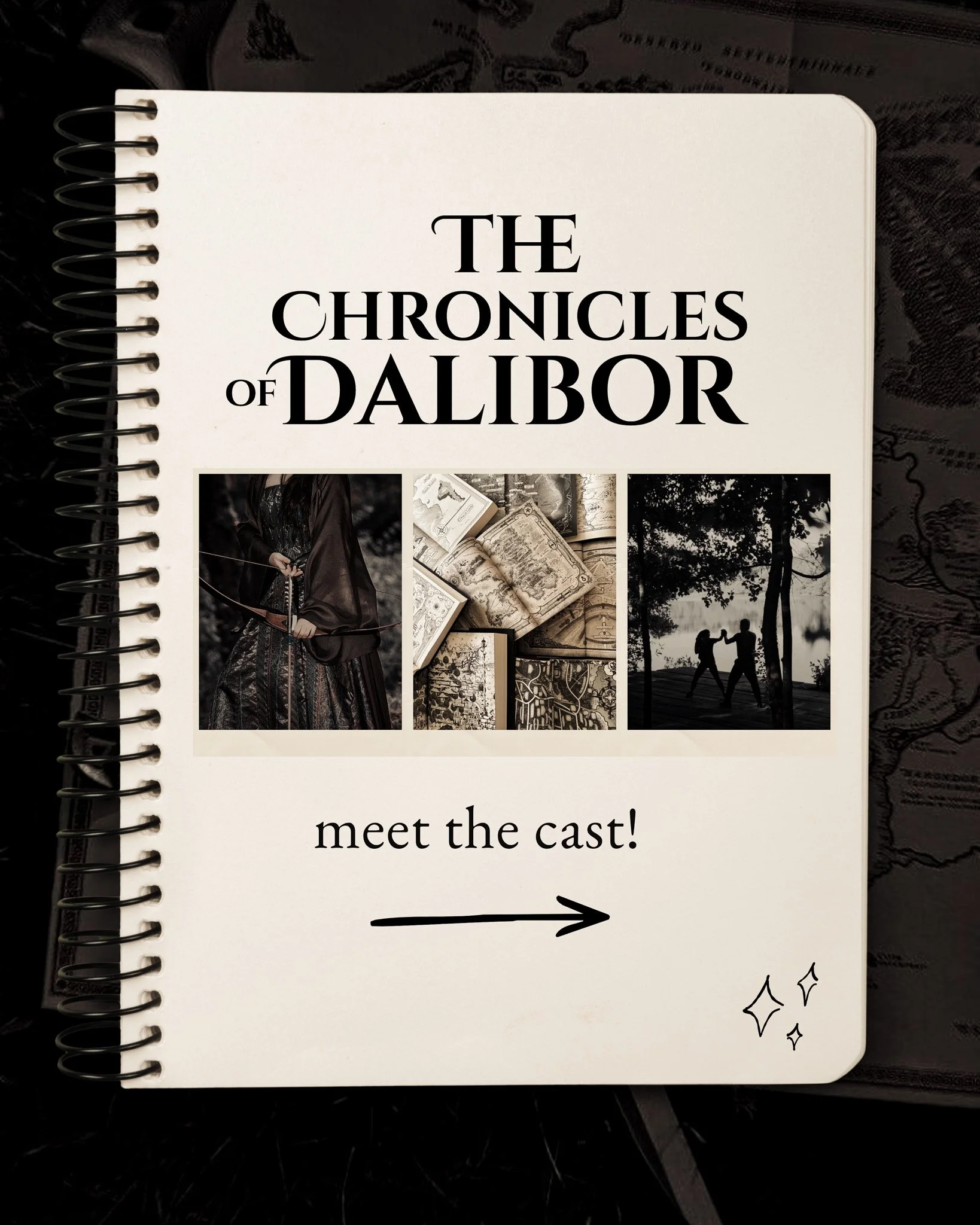 Black spiral notebook with a white cover displaying the text "The Chronicles of Dalibor" and "meet the cast!" below and an arrow pointing right. There are four small star icons at the bottom right corner of the cover.