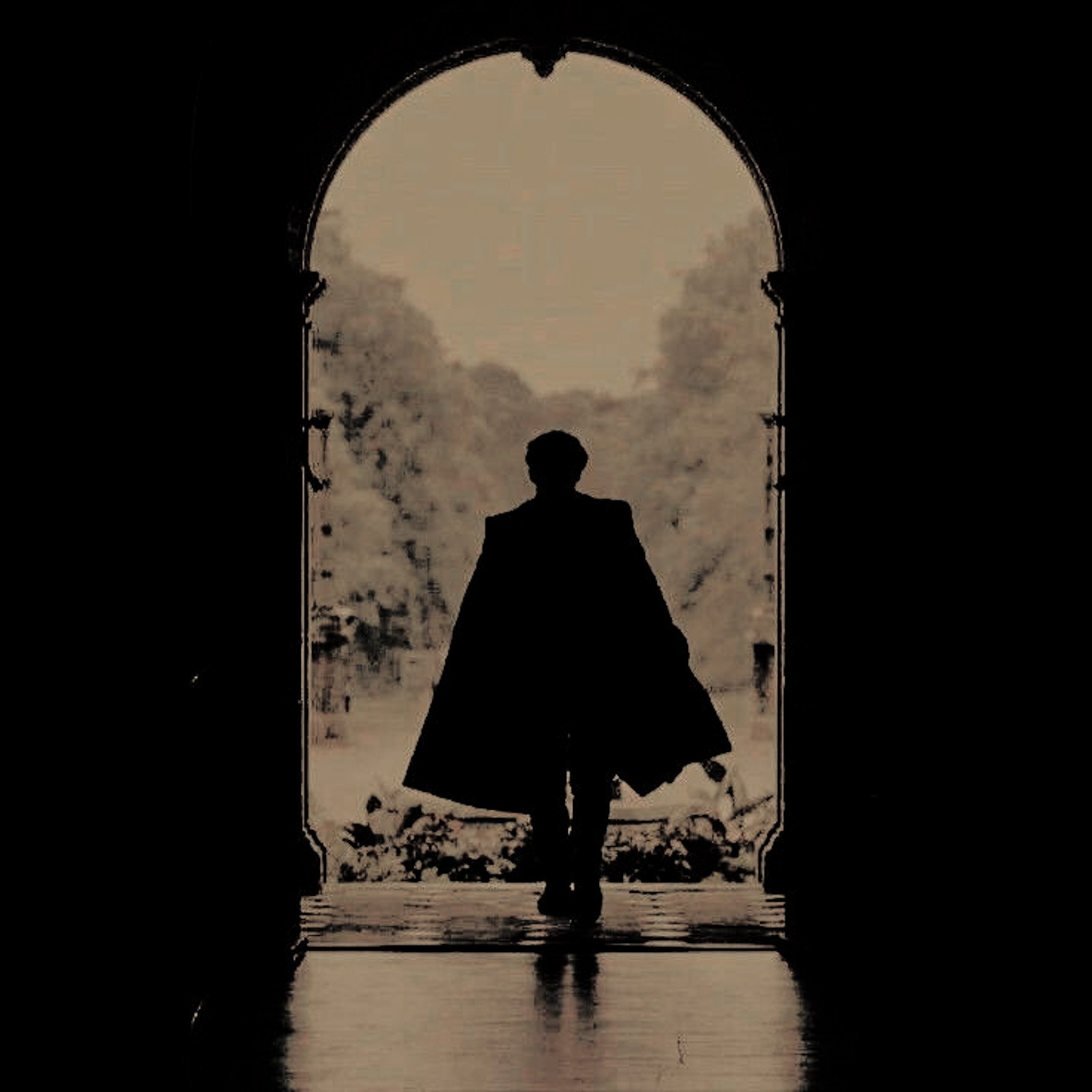 Silhouette of a person standing in front of a large arched window showing the moon