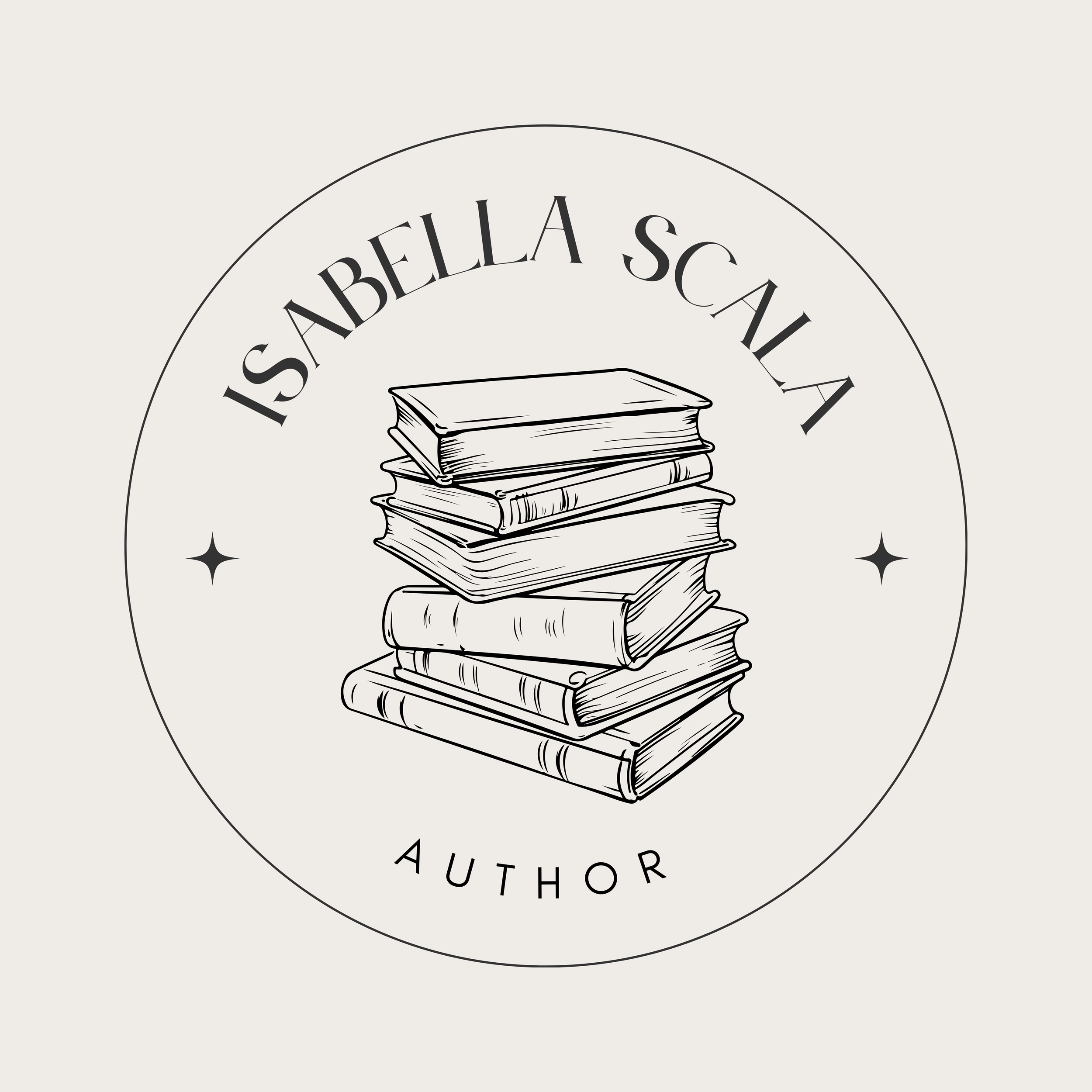 A black and white illustration of a stack of books with a circular badge around it that reads 'Isabella Scala – Author'.