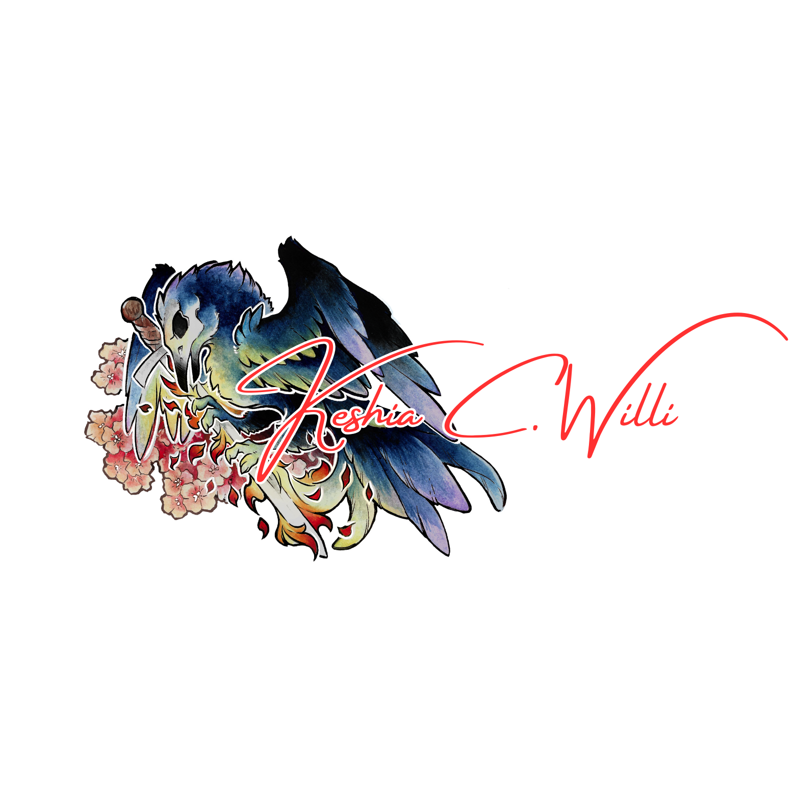 A colorful tattoo-style illustration of a bird with blue and green feathers, holding a sword in its beak, surrounded by pink cherry blossoms. Overlaid is red cursive text reading 'Keshia C. Willi'.