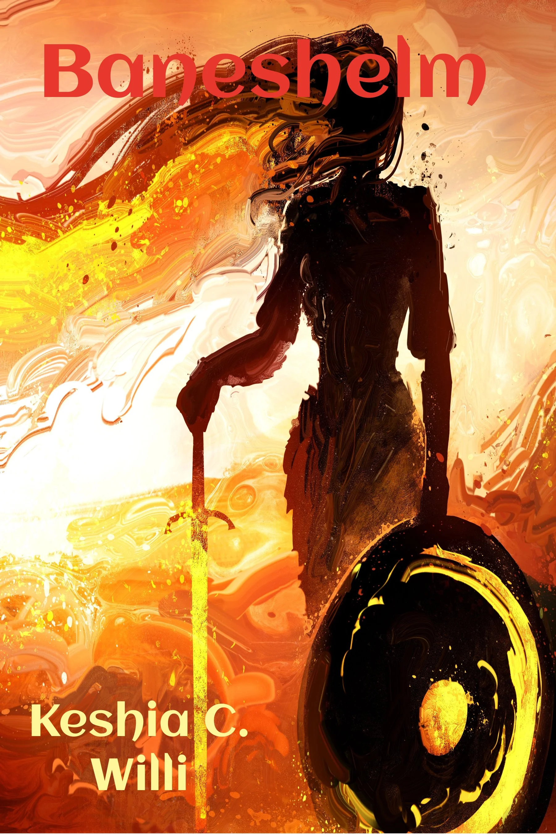Abstract artwork with a silhouette of a woman, fiery orange, yellow, and black colors, and a large speaker. The text 'Baneshelm' is at the top, and the names 'Keshia C. Willi' are at the bottom.