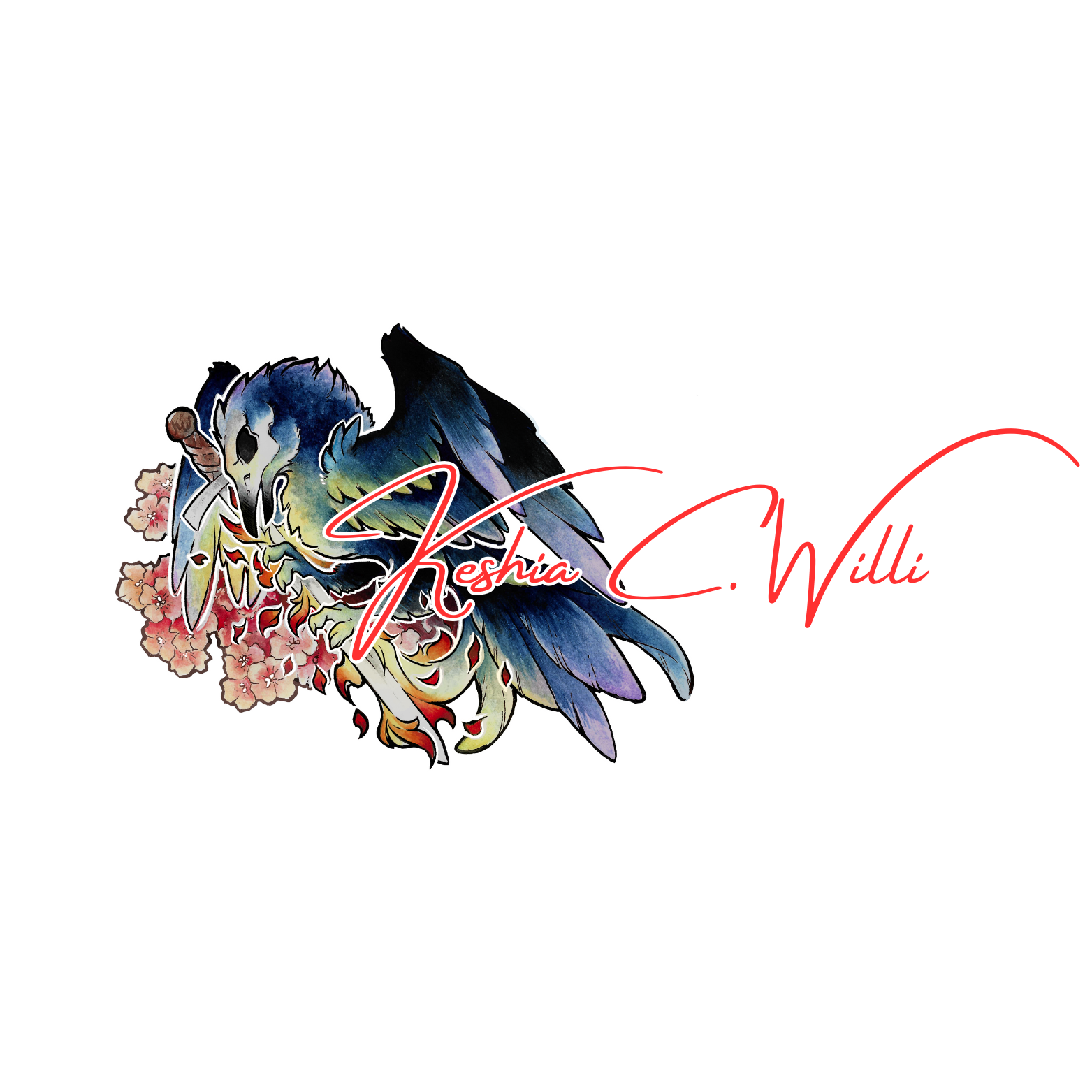 A floral tattoo design featuring a blue and black bird with pink flowers and flames, with the name 'Keshia C. Willi' in red handwritten script.