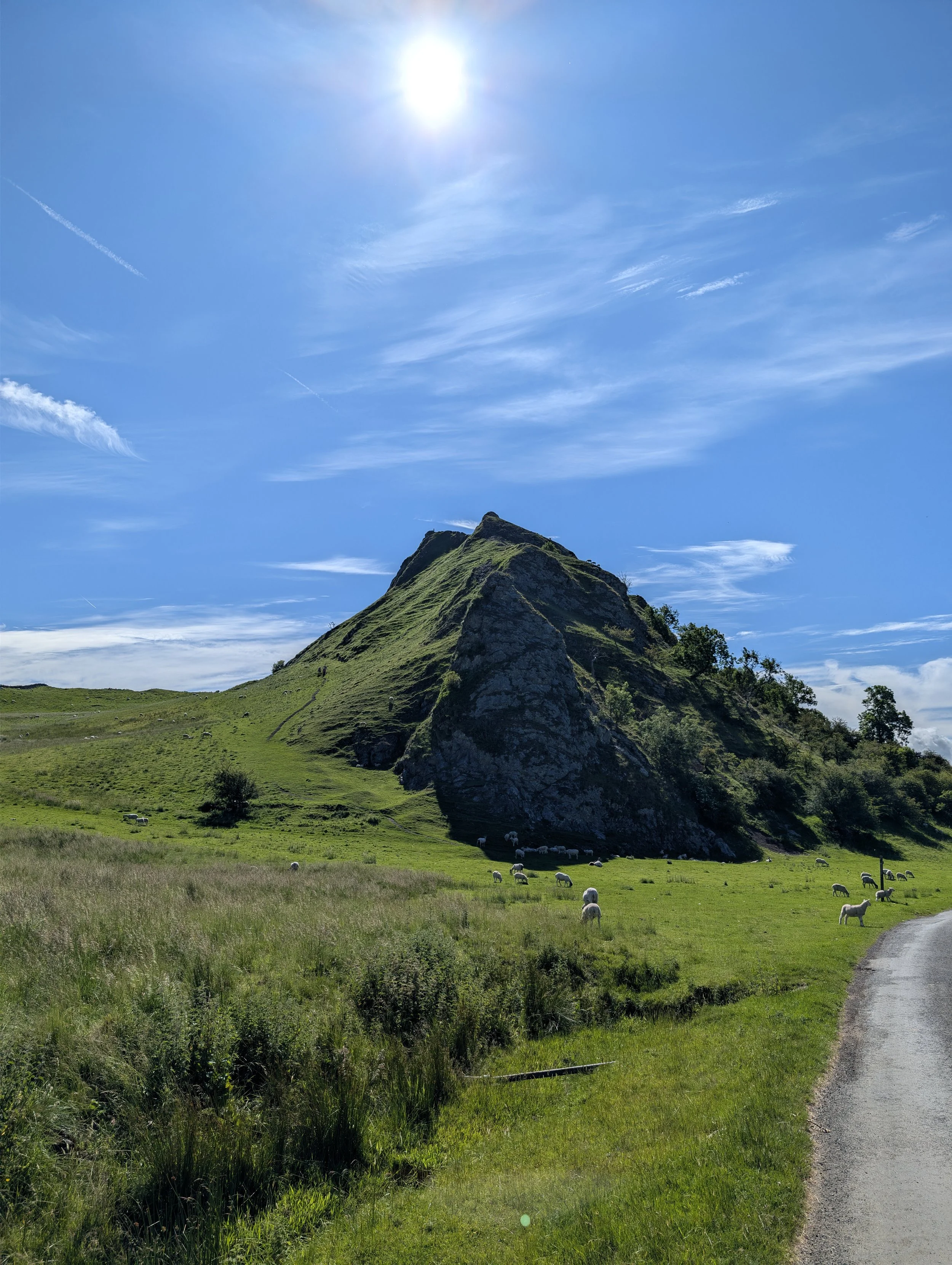 Green grassy landscape with a small herd of sheep grazing near a mountainside. A dirt path runs along the edge of the grass. The mountain is covered with green grass and rocks. The sky is blue with wispy clouds and the sun shining brightly overhead.