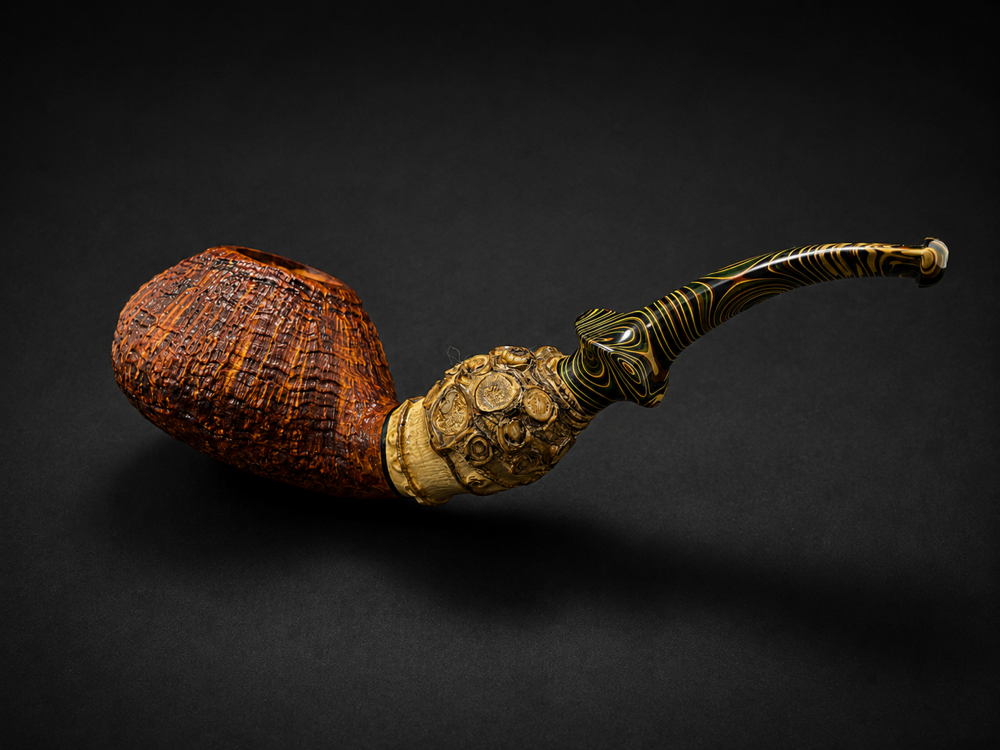 An artful pipe with a textured wooden bowl, an ornate carved wood connector, and a long, curved stem with black and yellow swirling patterns, set against a black background.