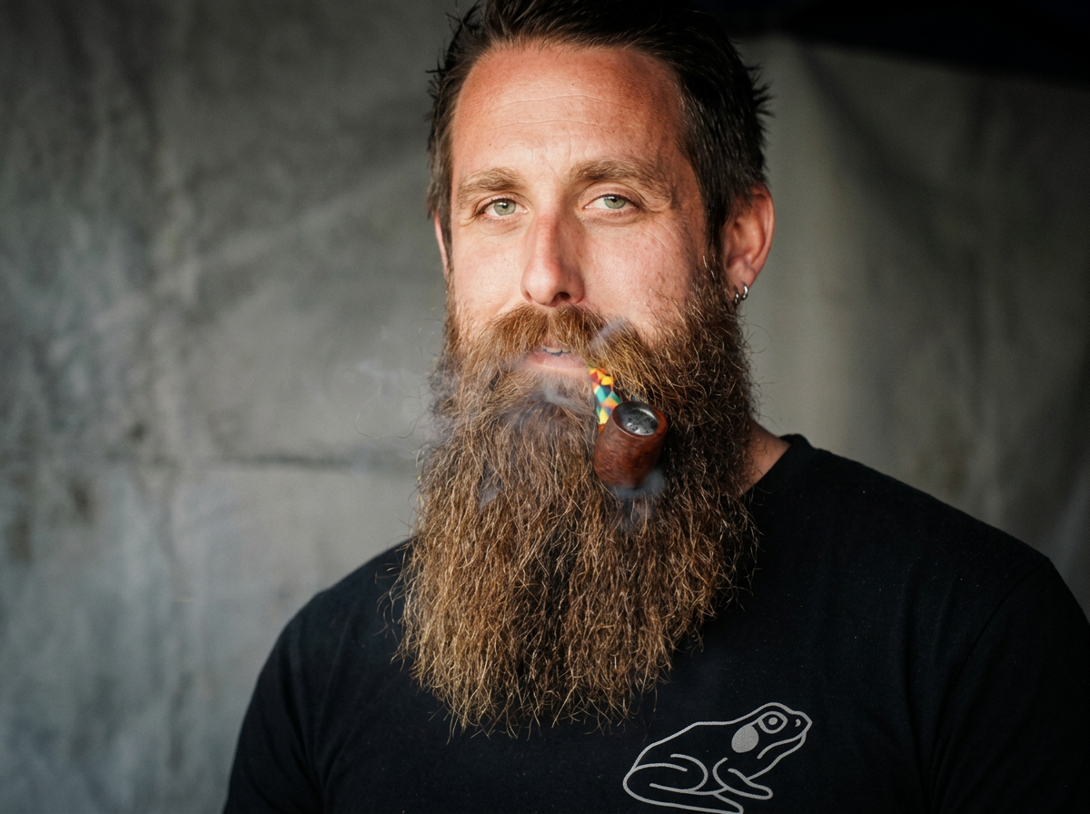 A man with a large beard and mustache smokes a pipe, wearing a black shirt with a frog logo, against a gray background.