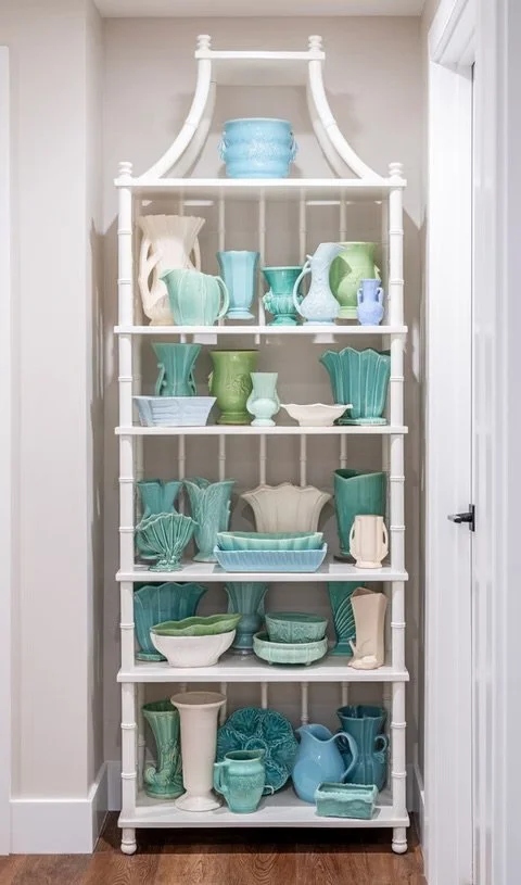 White antique-style display shelf filled with various teal, green, blue, and white ceramic vases, bowls, and pitchers in a corner next to a door.