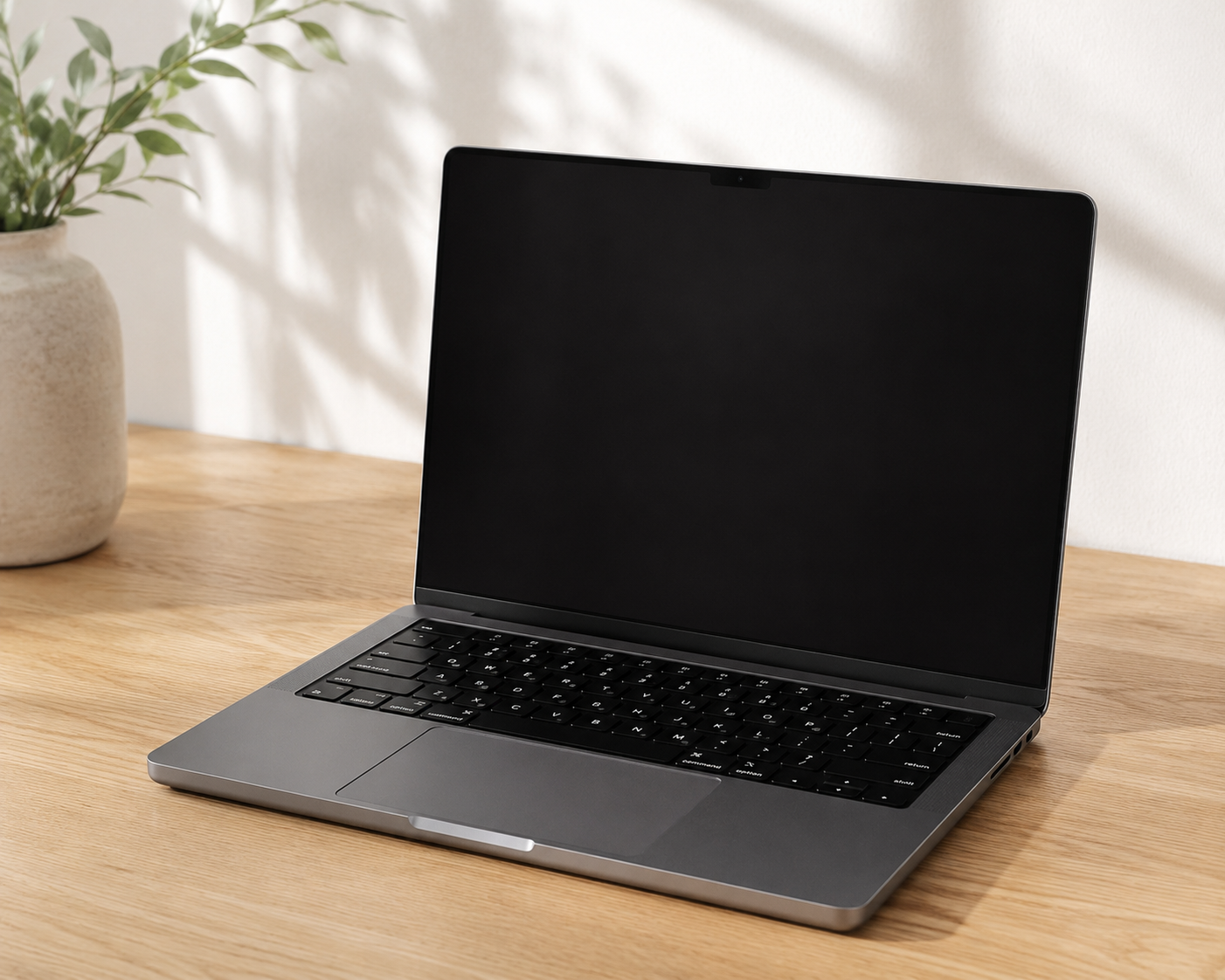 A laptop with a black screen and a keyboard placed on a wooden desk, with a potted plant in the background.