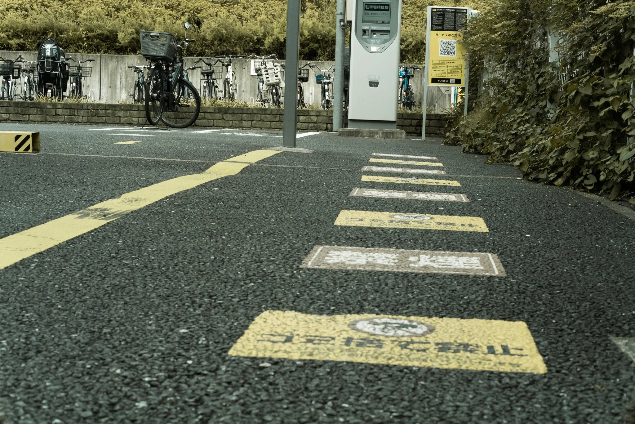 駐輪場と自動販売機、駐車場のコーンが見える道路の一部。