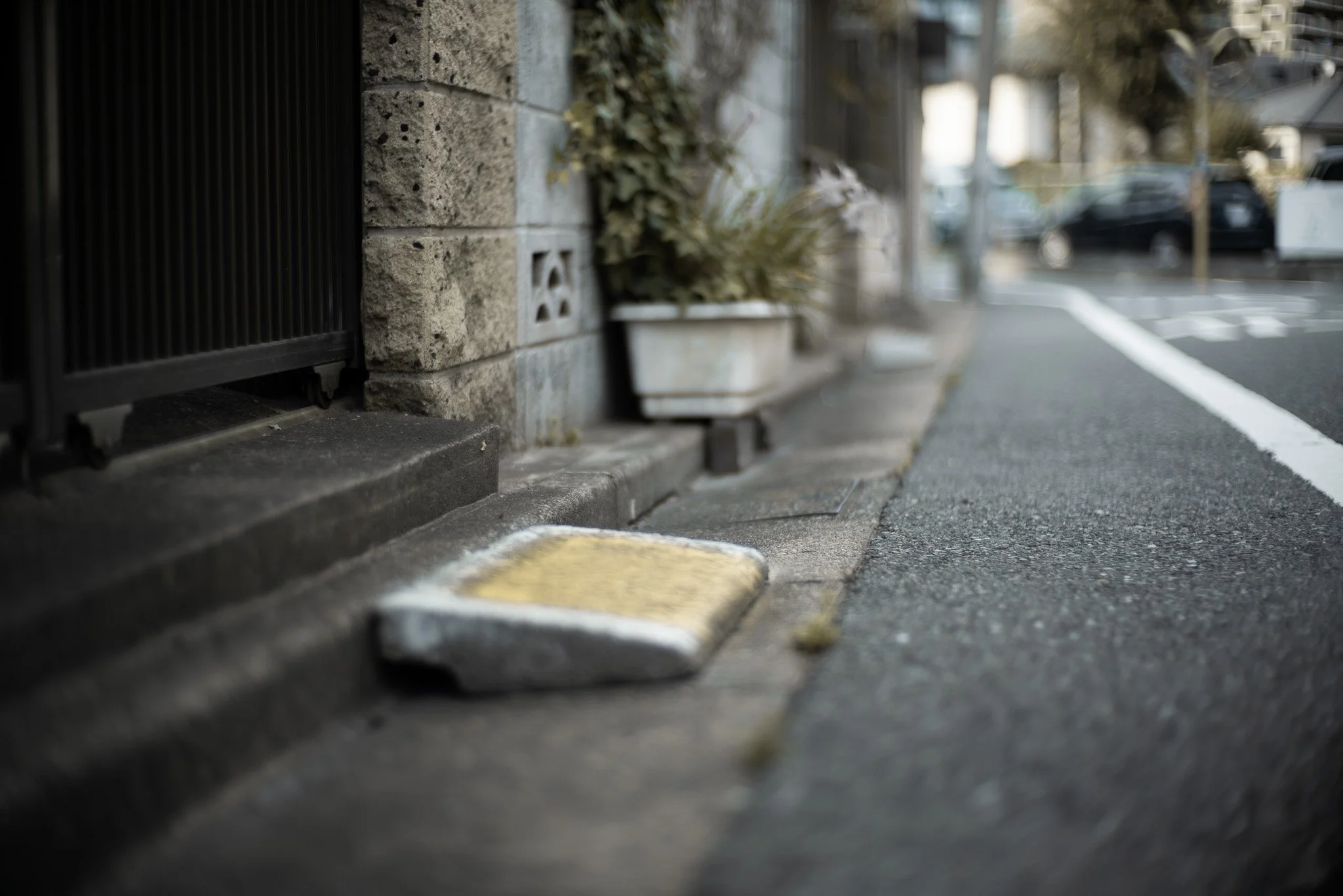 アスファルトの道路脇にレンガの塀と植物の鉢が置かれた都市の歩道の風景