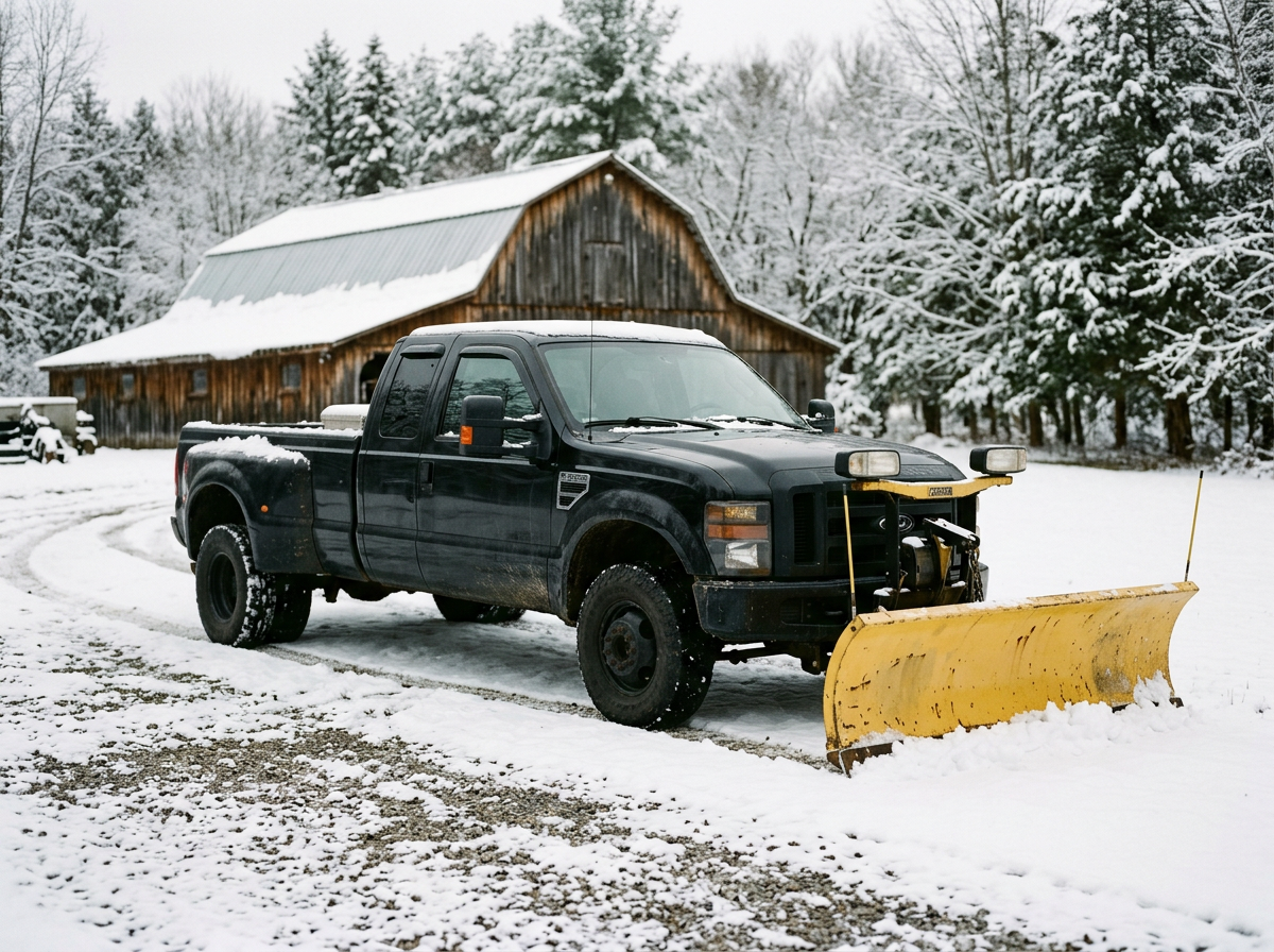 Black pickup truck with a yellow snow plow attached, parked on snow-covered ground near a wooden barn surrounded by snow-covered trees.